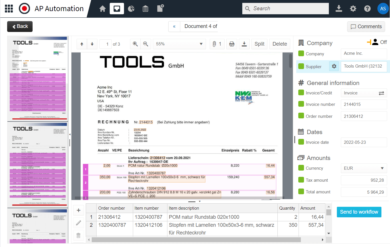 Medius AP Automation invoice capture screen showing an invoice and extracted supplier, date and amount fields